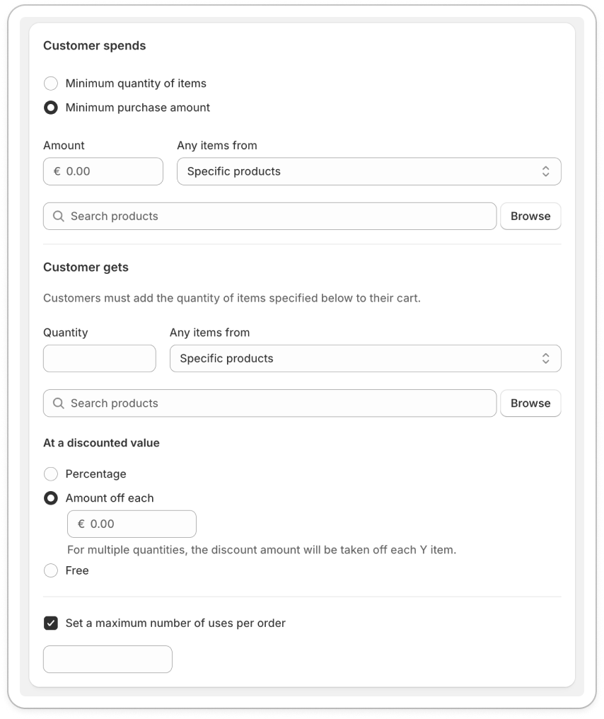 Пример интерфейса настроек скидки в Shopify
